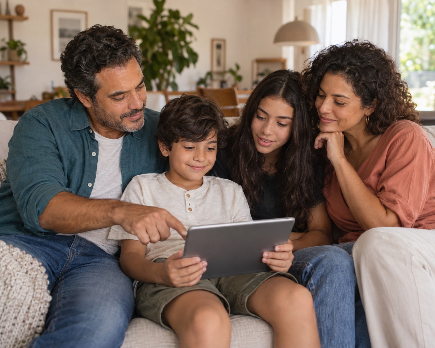 Pais e filhos conversando enquanto usam um tablet juntos em casa
